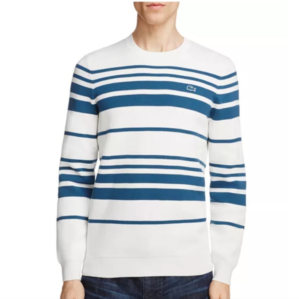 Lacoste Men's Blue and White Striped Crewneck Sweater